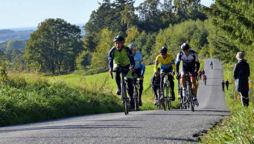 Motionscykelryttere på vej op ad lille bakke. En tilskuer står i vejkanten.