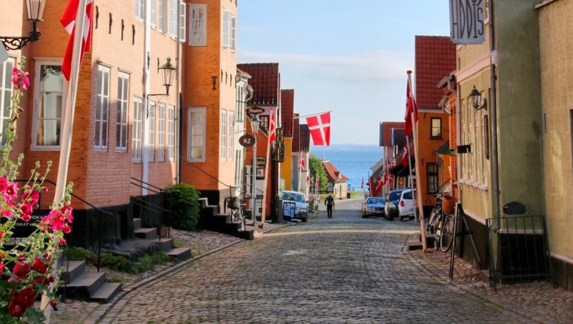 Brostentbelagtgade i Ærøskøbing om sommeren med havkig. Stokroser i forgrunden og farverige huse.