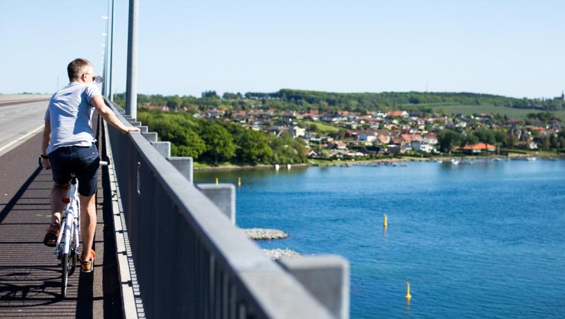 Mand på cykel med hånden på gelænderet på Svendborgsundbroen. Han ser ud over det blå vand.