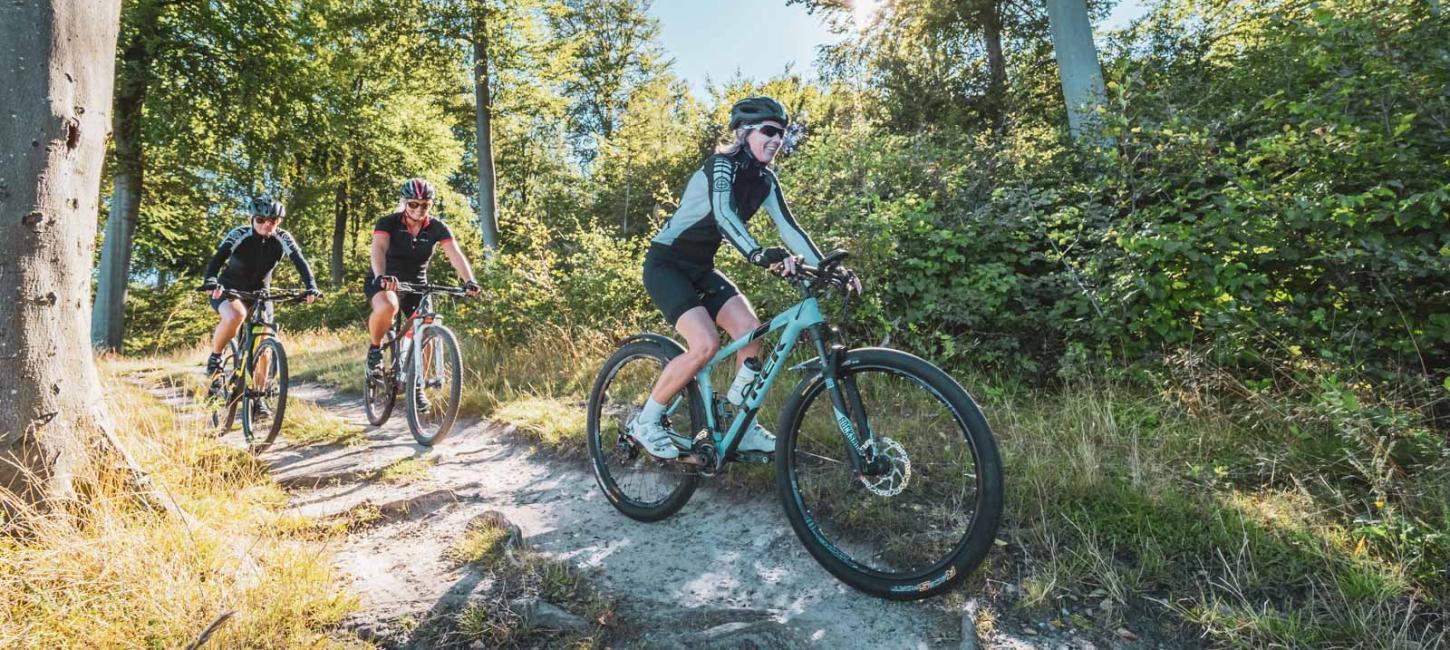 Tre personer på MTB i skov