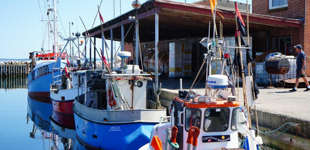 En rød murstensbygning står på en havnekaj. Foran ligger et par fiskebåde tøjret fast til kajen. En mand går rundt og kigger på bygningen.