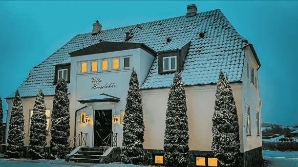 Sneklædt gammel villa med juletræer foran