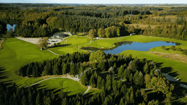 En golfbane med grantræer og en sø