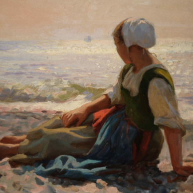 Et maleri af en kvinde, der sidder i vandkanten.